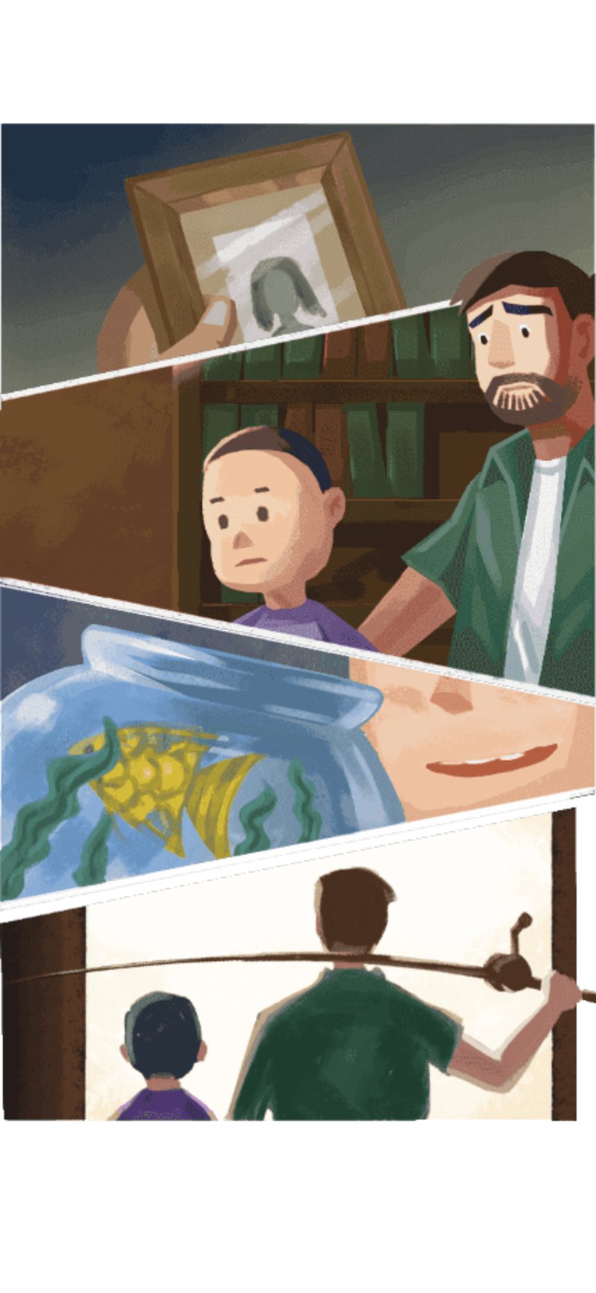 Story comic: an old photo, a father and son, a fish tank